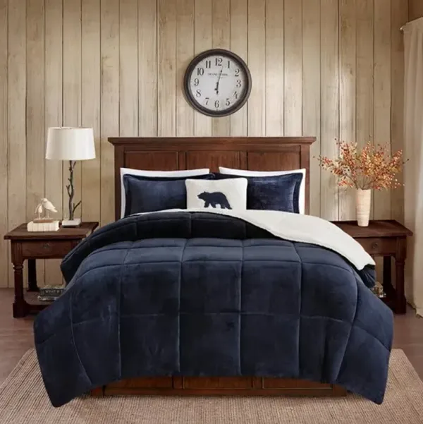 Olliix by Woolrich Alton Navy and Ivory King Polyester Solid Velour to Berber Comforter Set