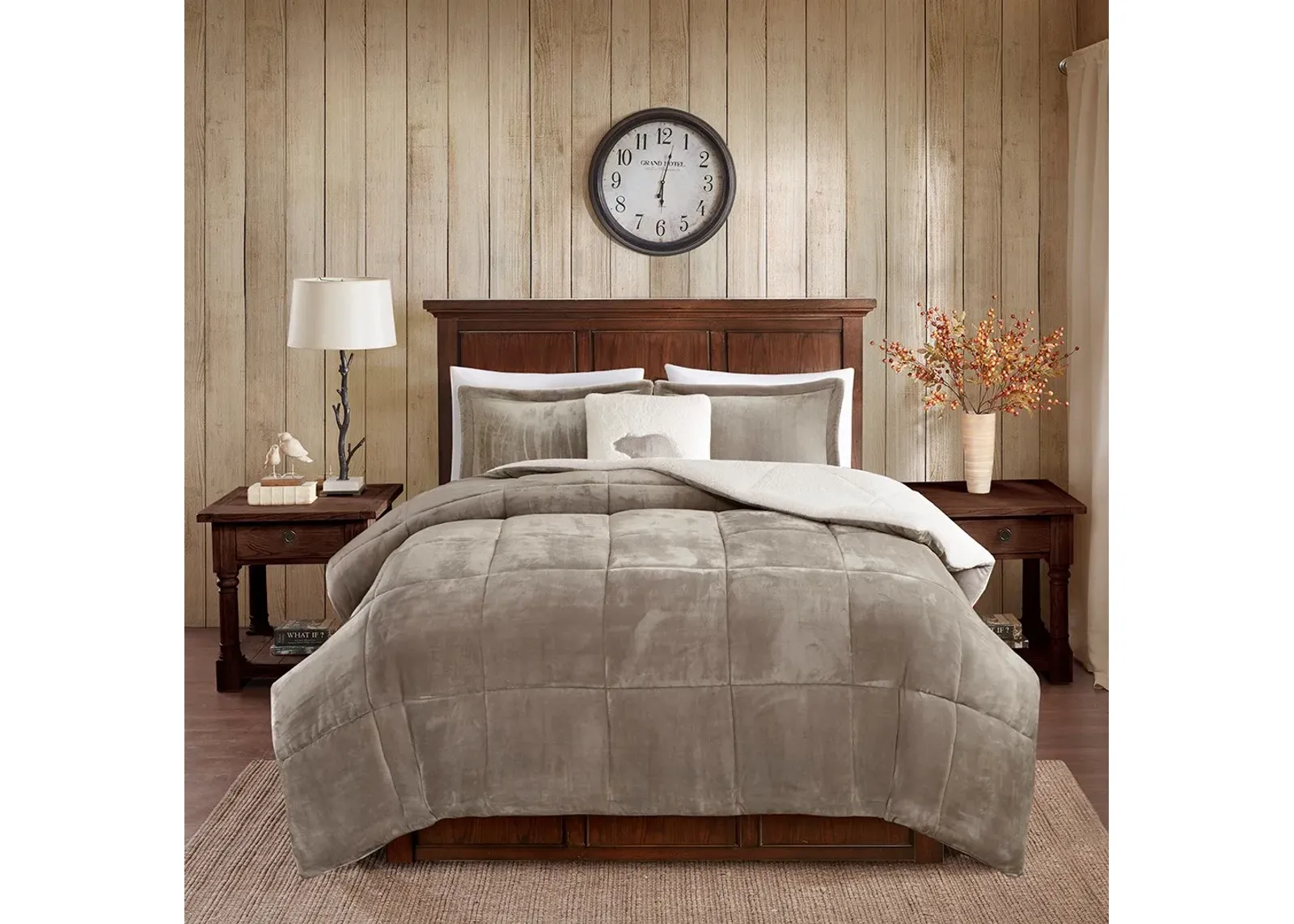 Olliix by Woolrich Alton Ivory and Taupe Twin Plush to Sherpa Down Alternative Comforter Set