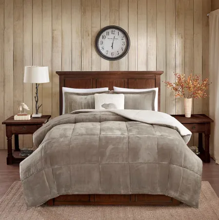 Olliix by Woolrich Alton Ivory and Taupe Twin Plush to Sherpa Down Alternative Comforter Set