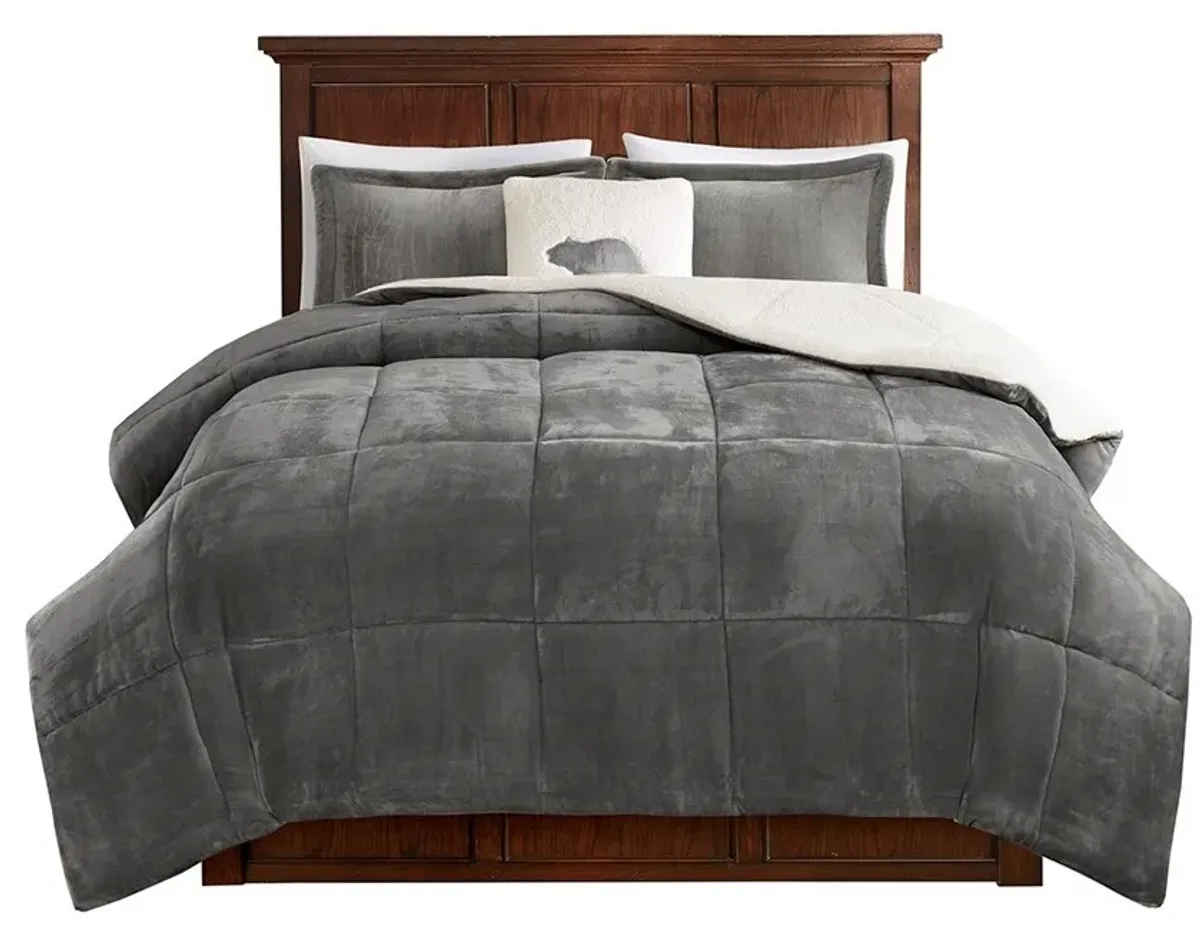 Olliix by Woolrich Alton Charcoal and Ivory Twin Plush to Sherpa Down Alternative Comforter Set