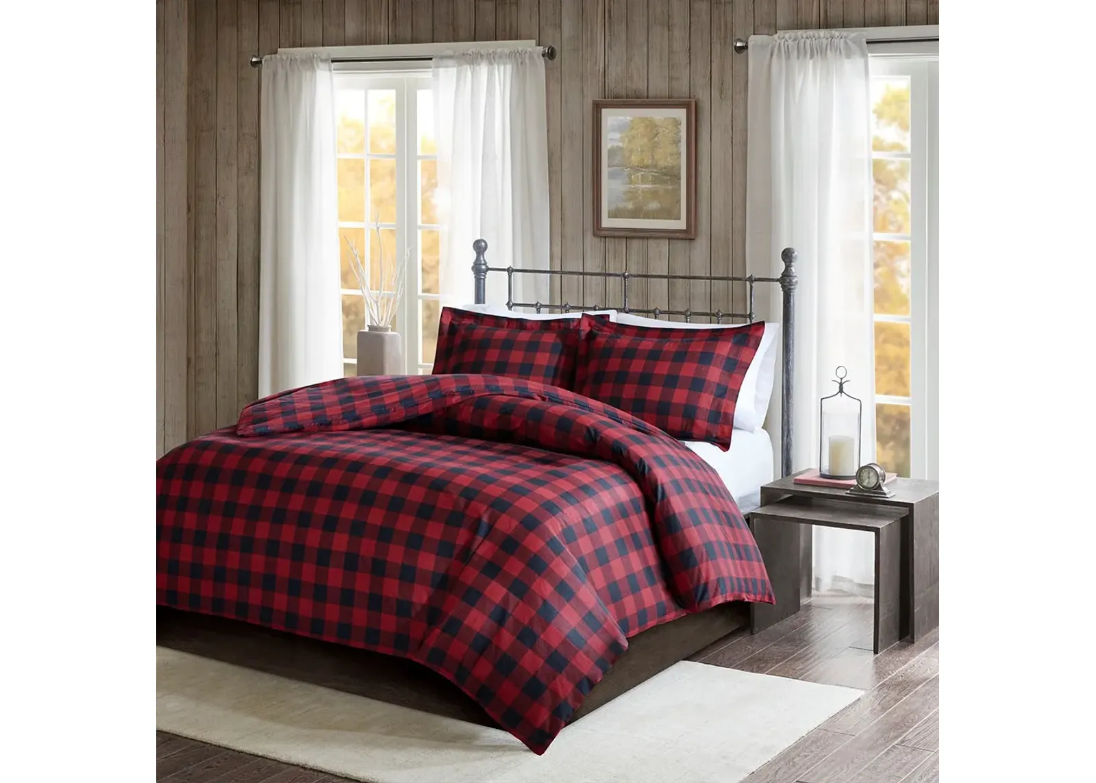 Olliix by Woolrich Black/Red King/California King Flannel Check Print Cotton Duvet Cover Set