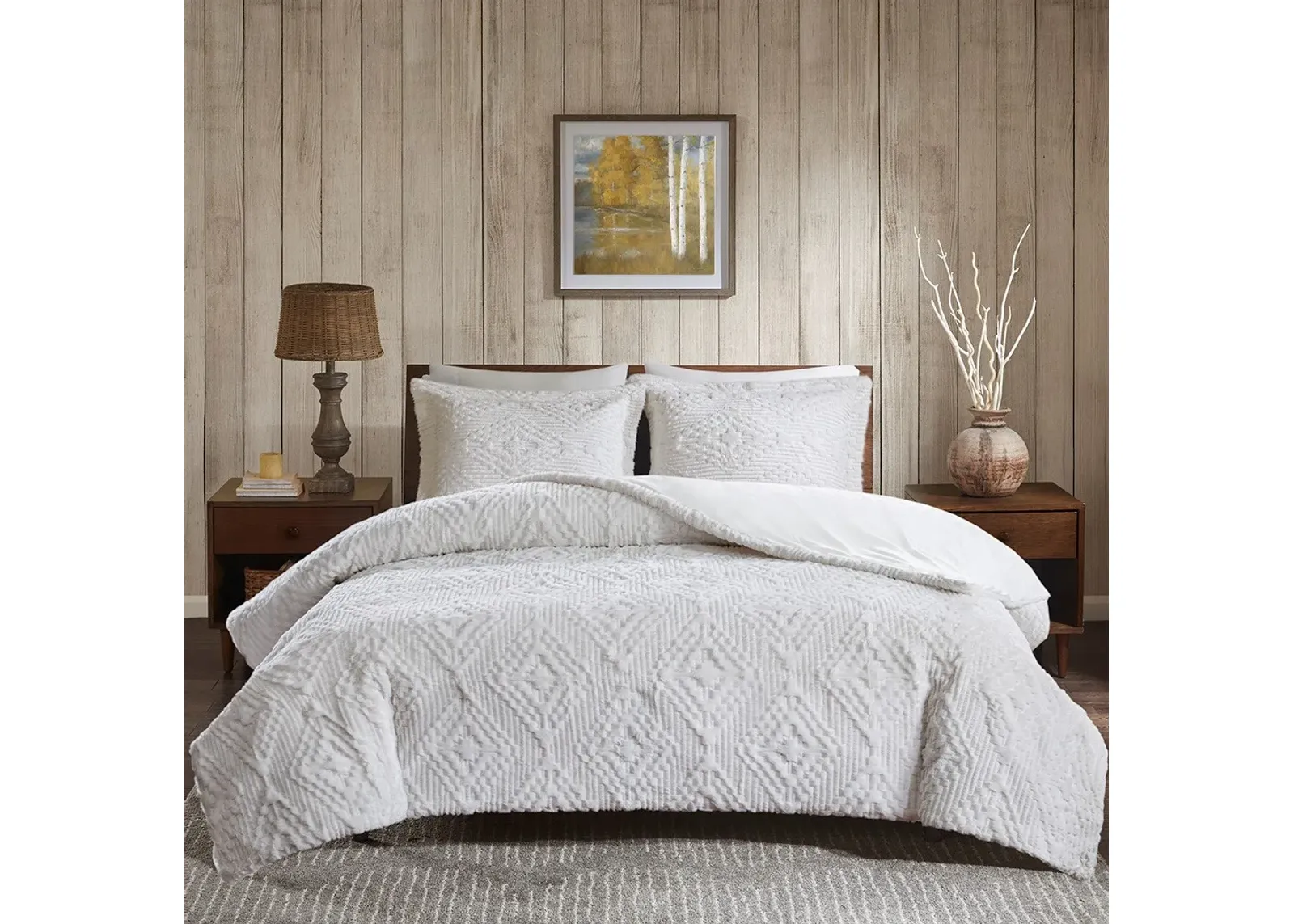 Olliix by Woolrich Woodsman Teton Ivory Full/Queen Embroidered Plush Coverlet Set