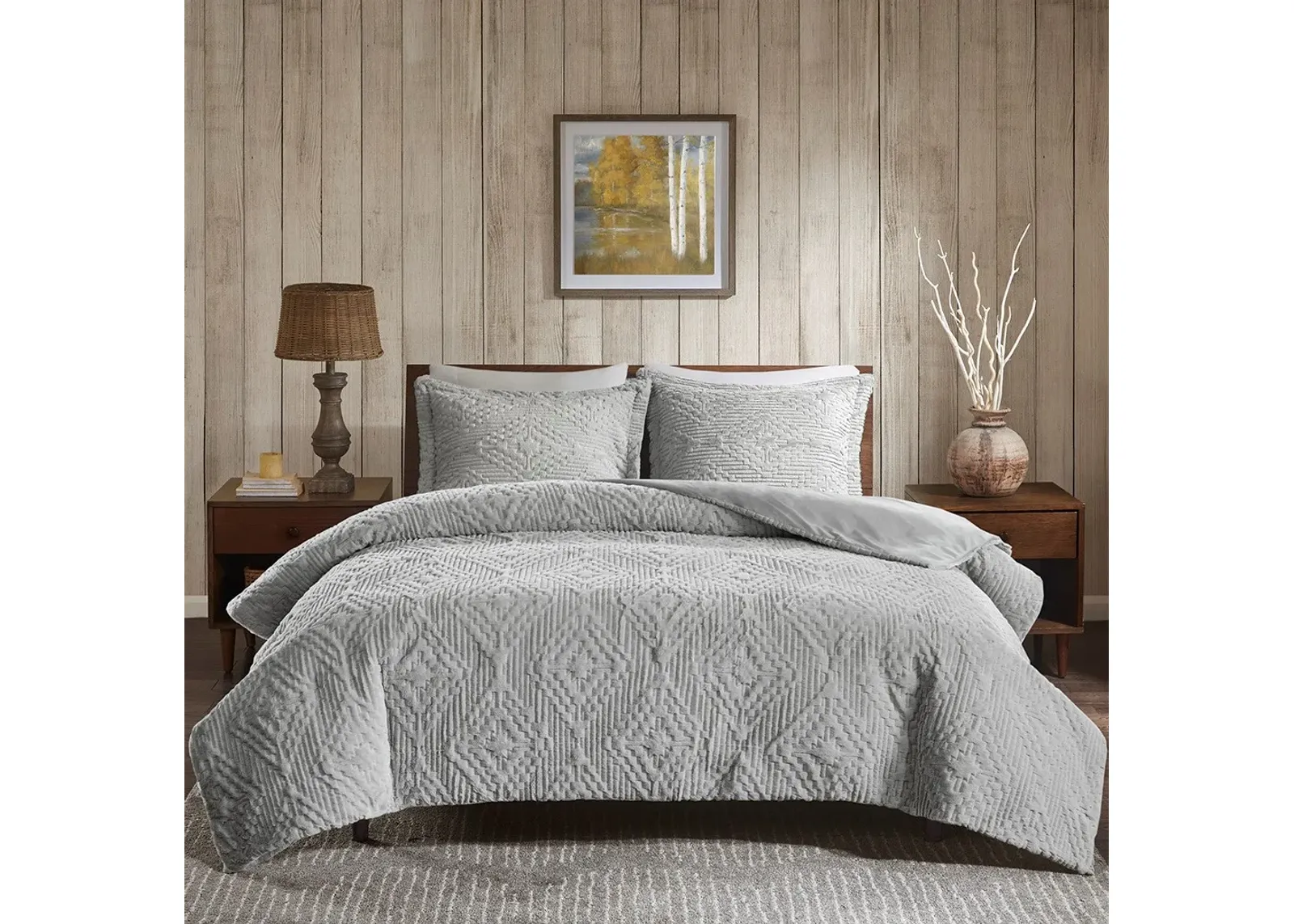 Olliix by Woolrich Woodsman Teton Grey Full/Queen Embroidered Plush Coverlet Set