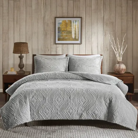 Olliix by Woolrich Woodsman Teton Grey Full/Queen Embroidered Plush Coverlet Set