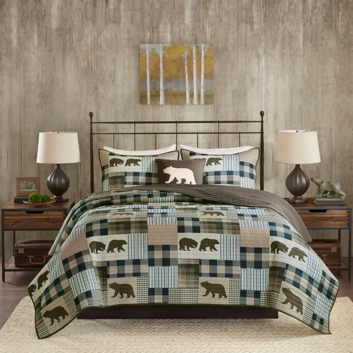 Olliix by Woolrich Twin Falls Brown/Blue Full/Queen Oversized 4 Piece Quilt Set