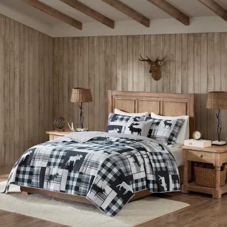 Olliix by Woolrich Sweetwater 4 Piece Black/Grey Full/Queen Oversized Quilt Set