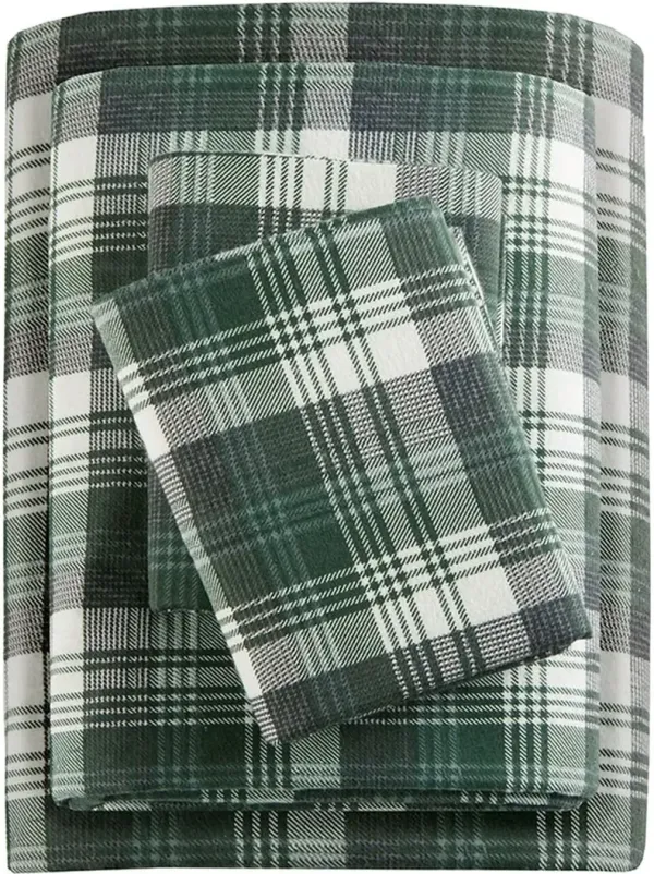 Olliix by Woolrich Green Plaid King Flannel Cotton Sheet Set