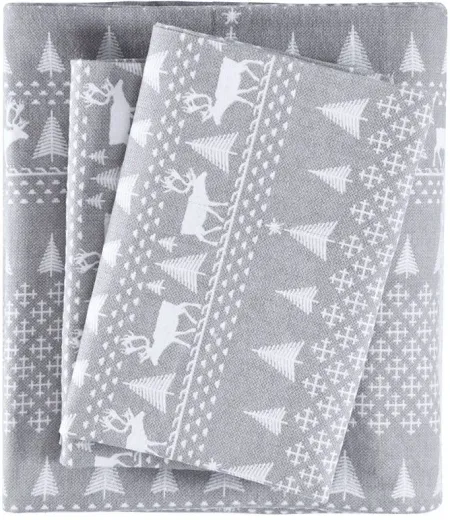 Olliix by Woolrich Grey Winter Frost King Flannel Cotton Sheet Set