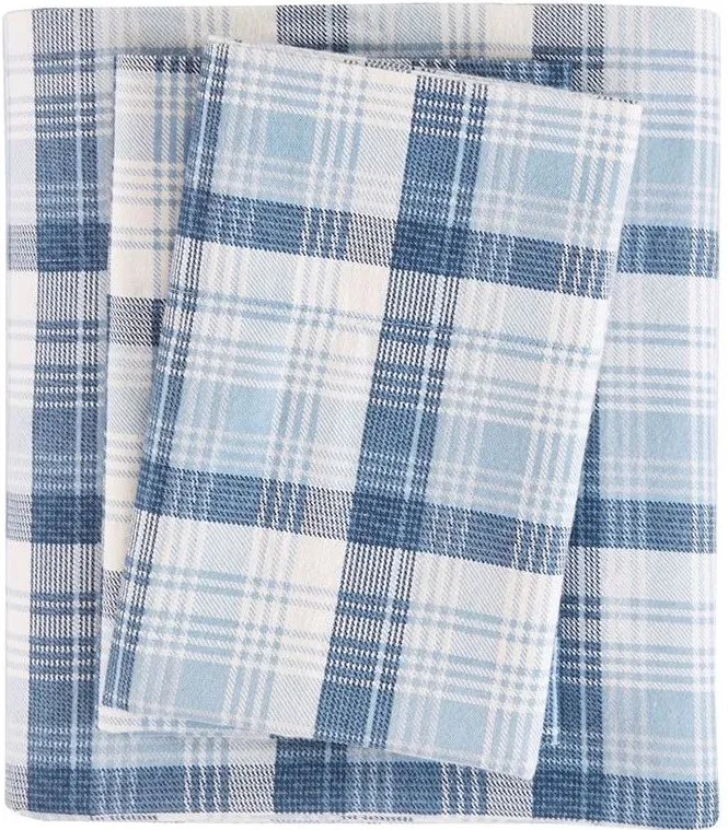 Olliix by Woolrich Blue Plaid King Flannel Cotton Sheet Set