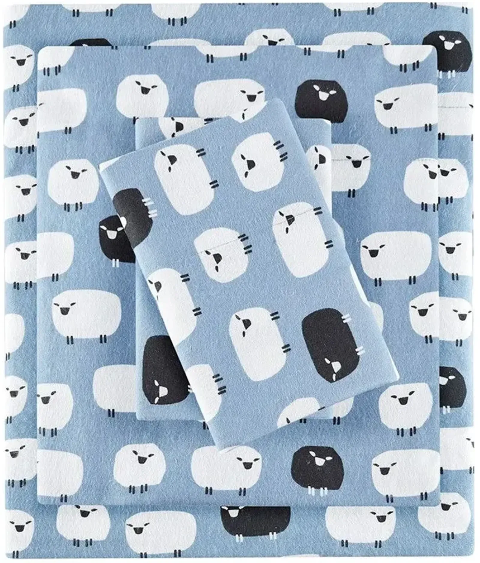 Olliix by Woolrich Blue Sheep King Flannel Cotton Sheet Set