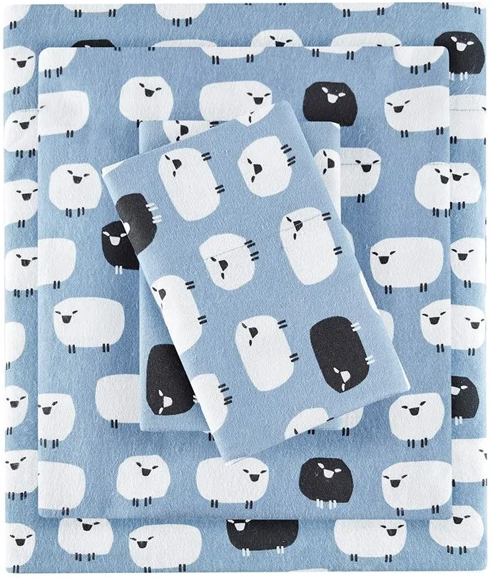 Olliix by Woolrich Blue Sheep California King Flannel Cotton Sheet Set