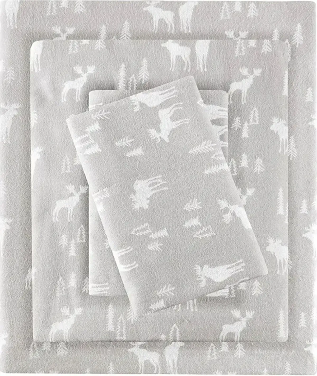 Olliix by Woolrich Grey Moose King Flannel Cotton Sheet Set