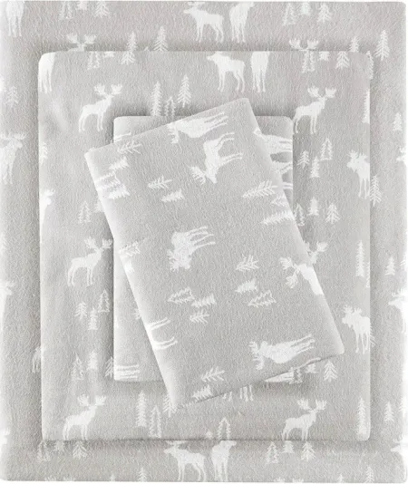 Olliix by Woolrich Grey Moose King Flannel Cotton Sheet Set