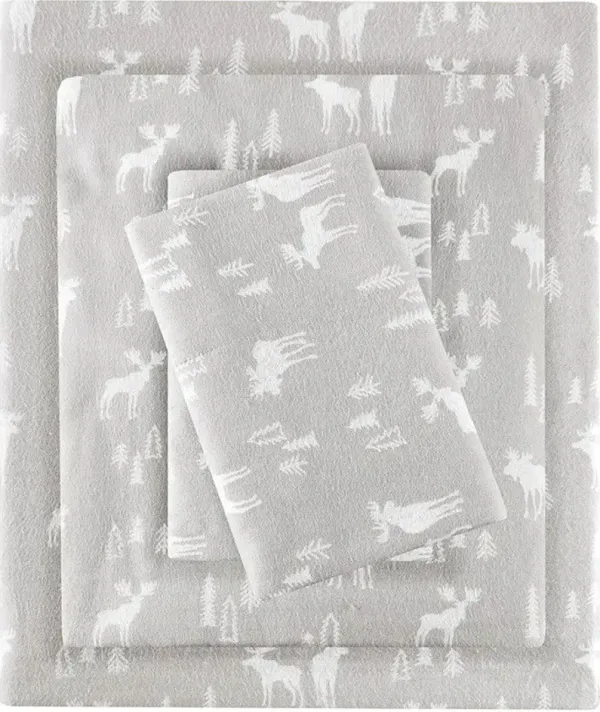 Olliix by Woolrich Grey Moose California King Flannel Cotton Sheet Set