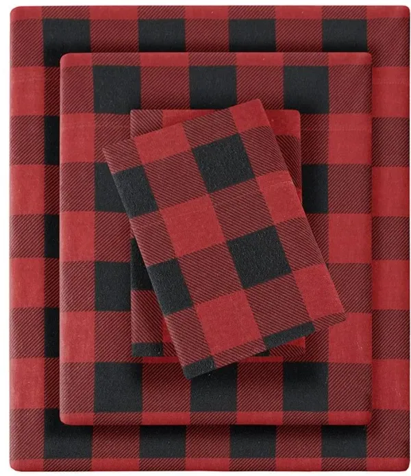 Olliix by Woolrich Red/Black Buffalo Check Queen Flannel Cotton Sheet Set