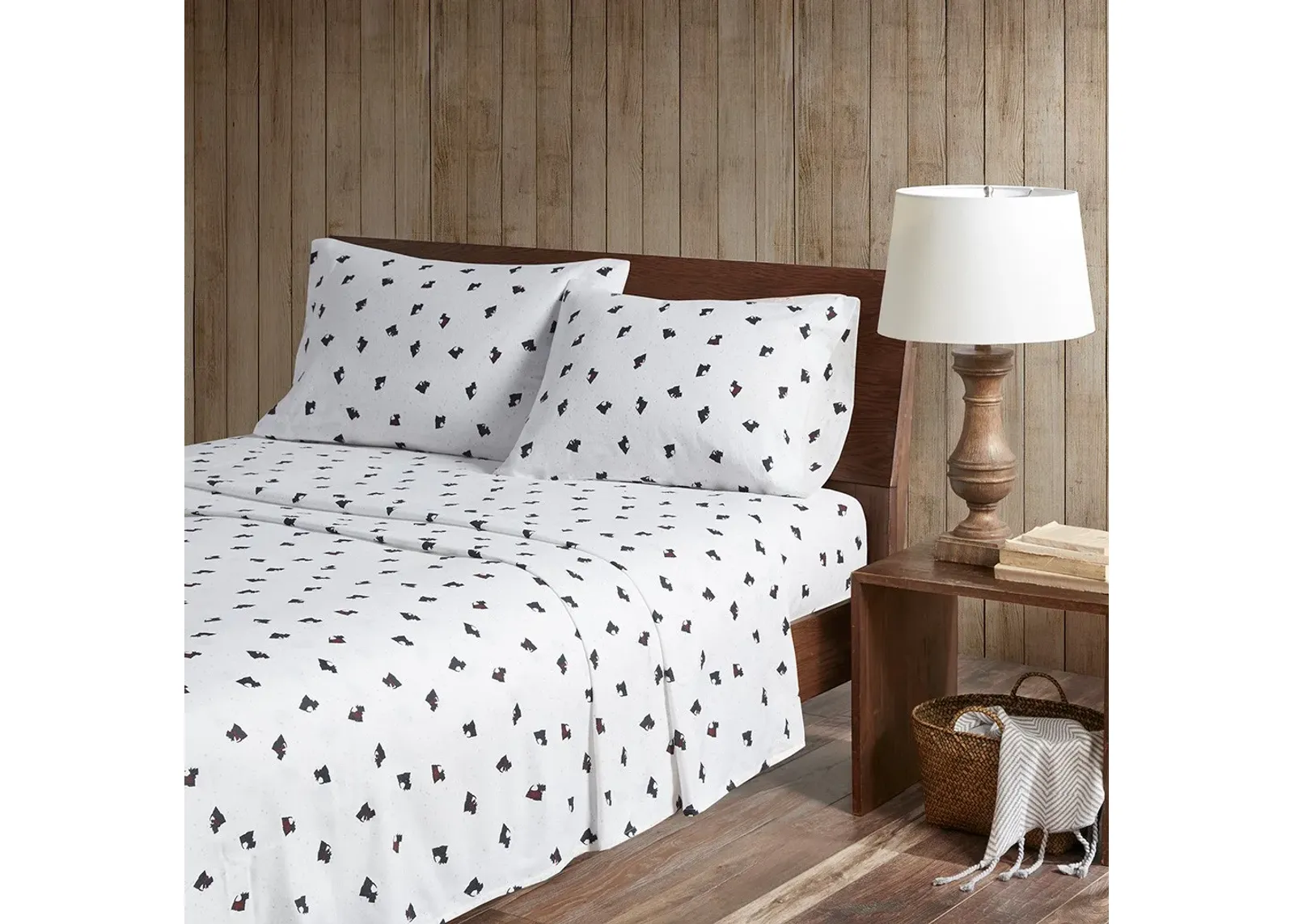 Olliix by Woolrich Flannel Black/White Scottie Dogs Twin Cotton Sheet Set