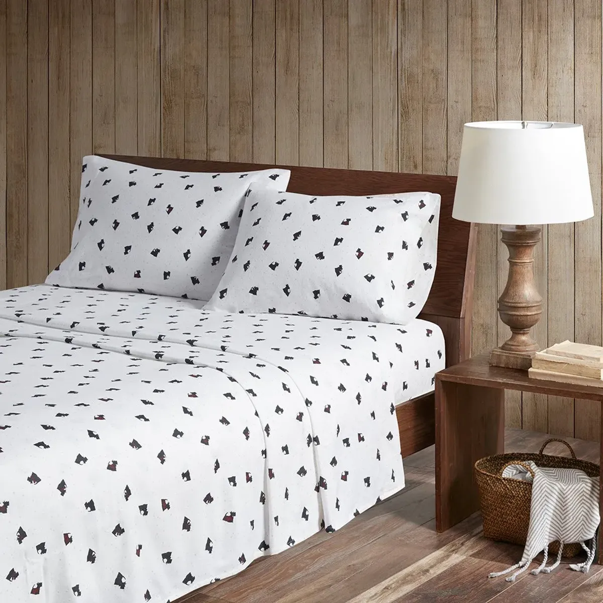 Olliix by Woolrich Flannel Black/White Scottie Dogs Twin Cotton Sheet Set