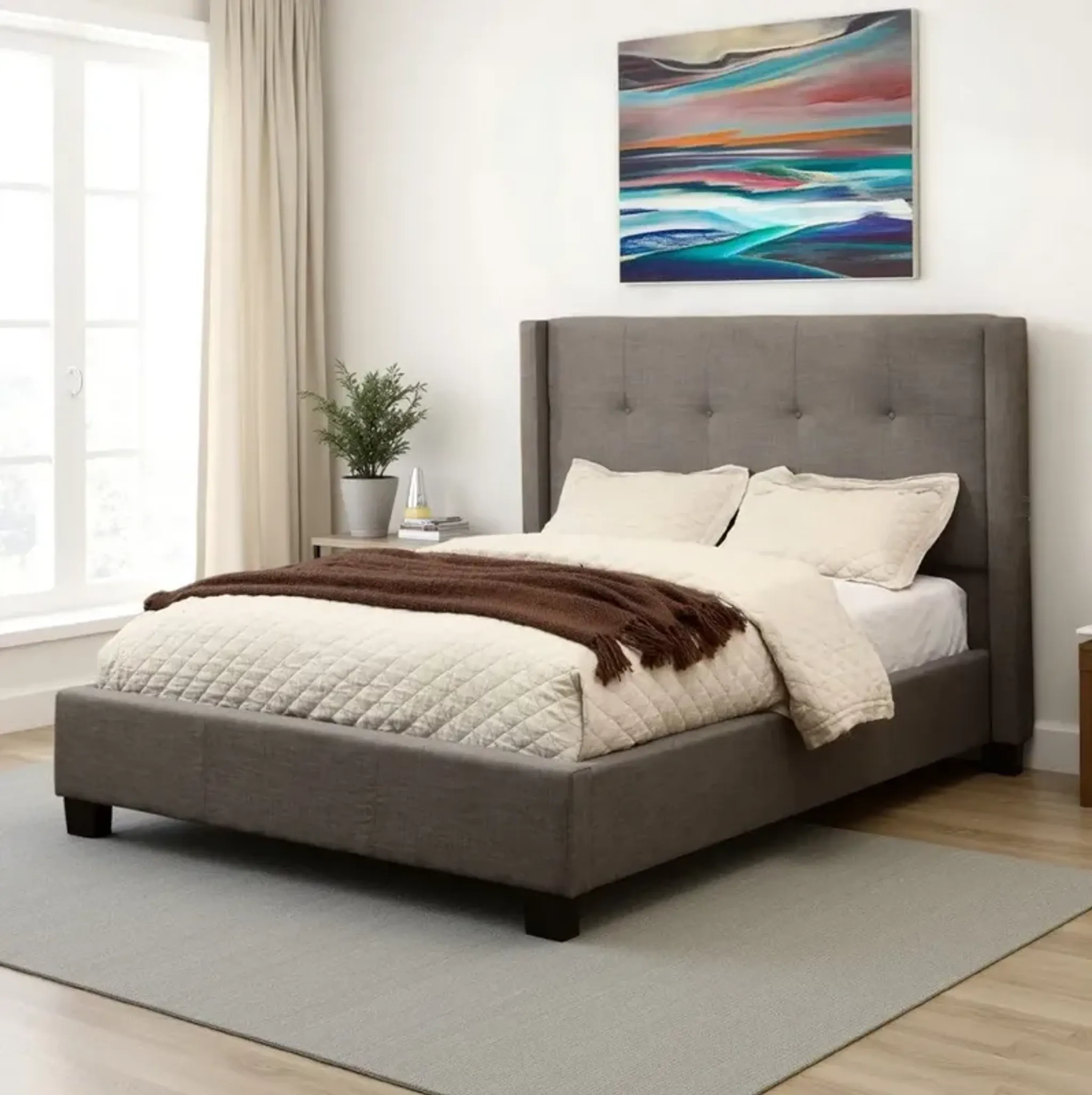 Adams Low Profile Queen Bed Tufted Linen Wide Storage Gray Casagear ...