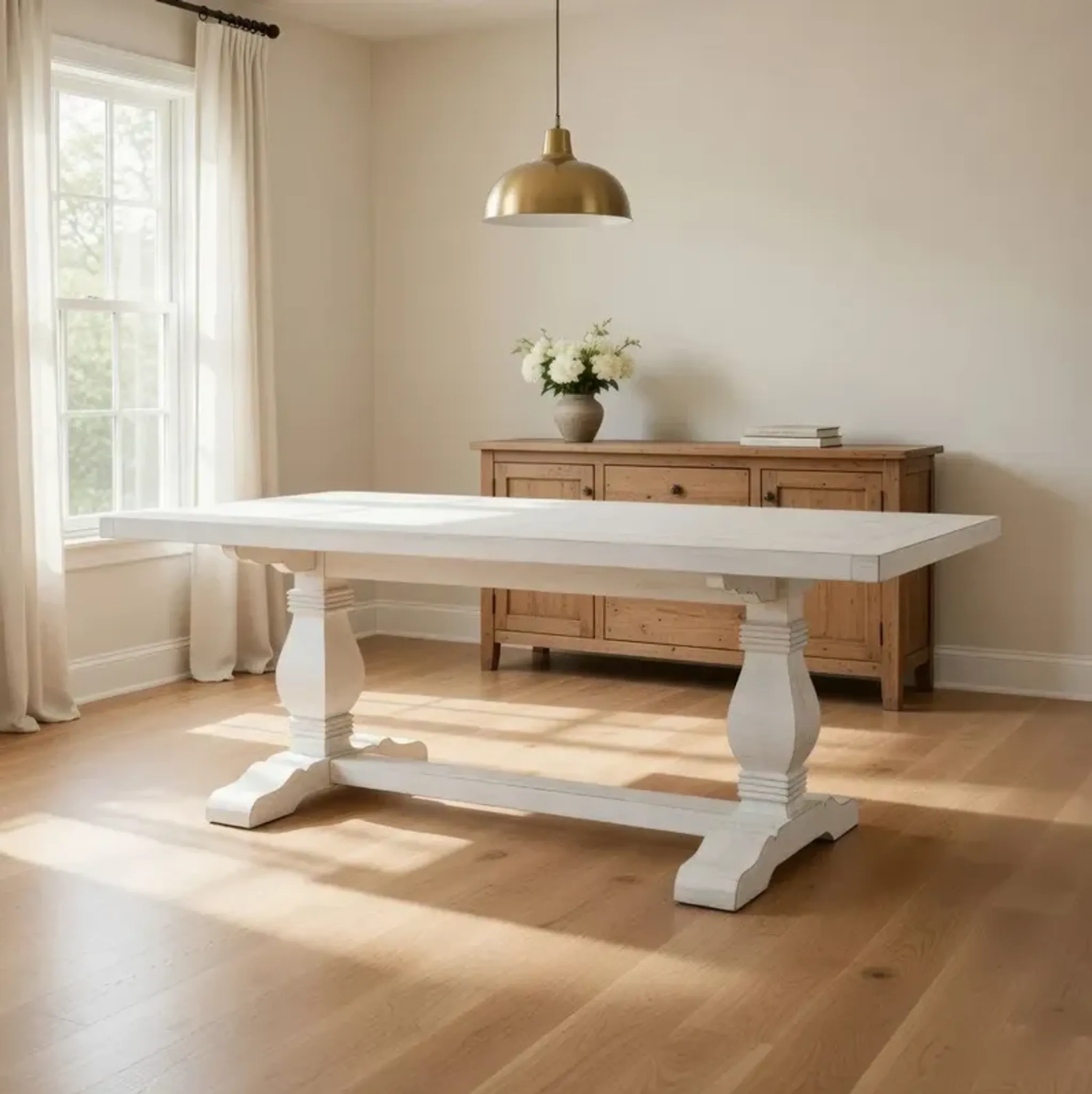 Kai 95 Inch Reclaimed Pine Wood Dining Table Double Turned Pedestal ...