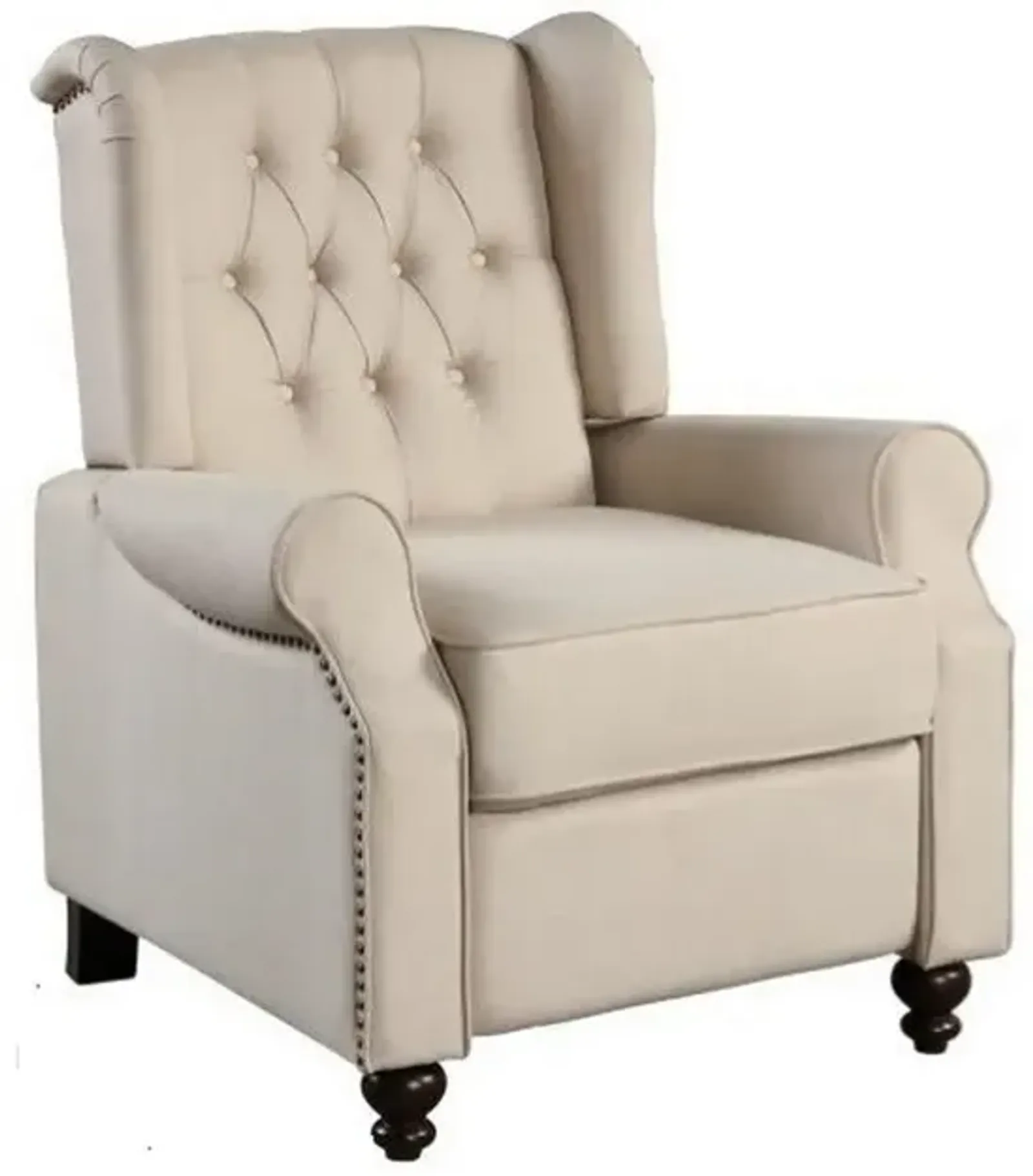 35 Inch Push Back Recliner Chair, Beige Tufted Fabric, Black Wood Legs By Casagear Home