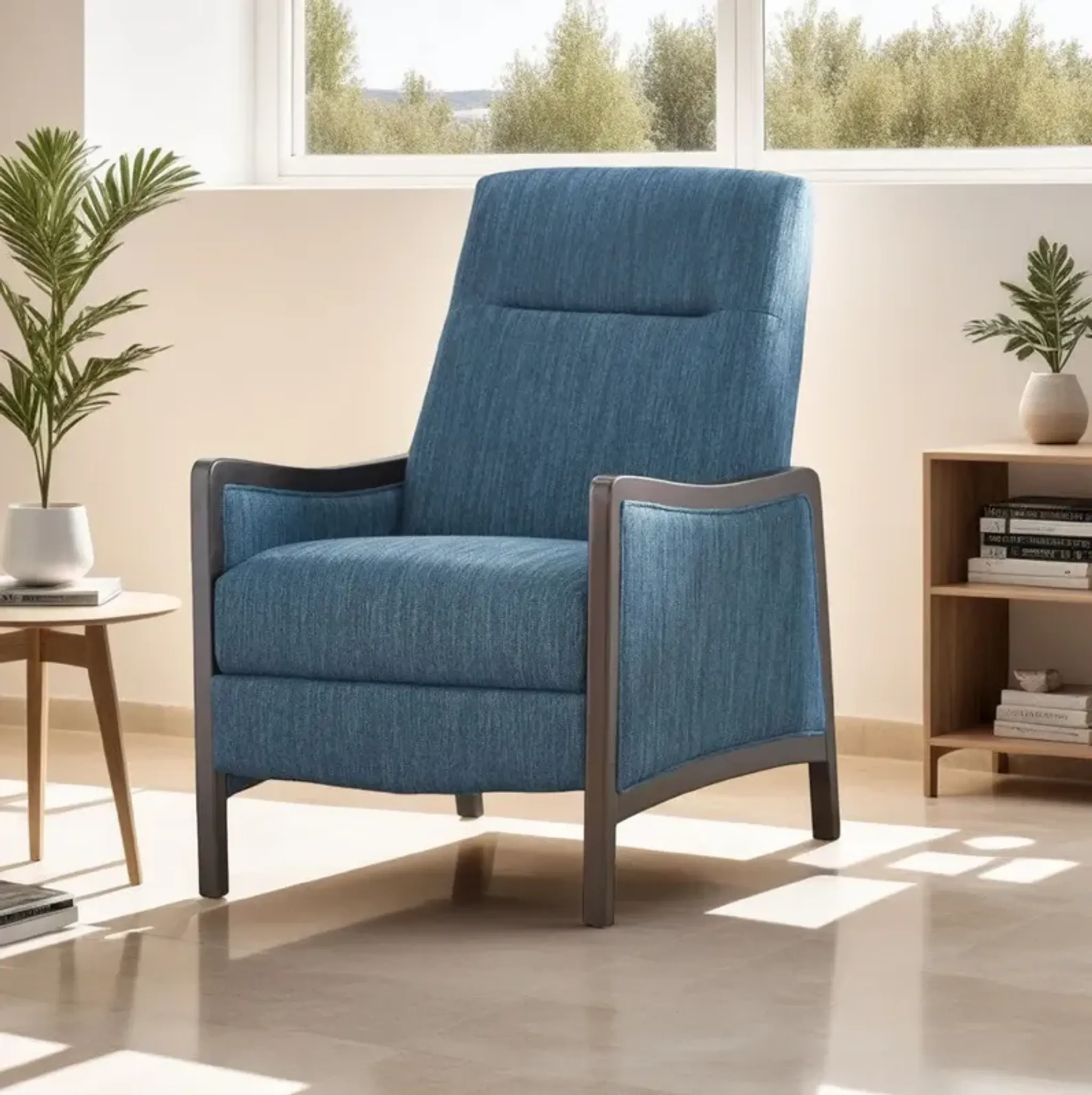 Reina Push Back Recliner Chair, Brown Birch Wood, Navy Blue Fabric ...