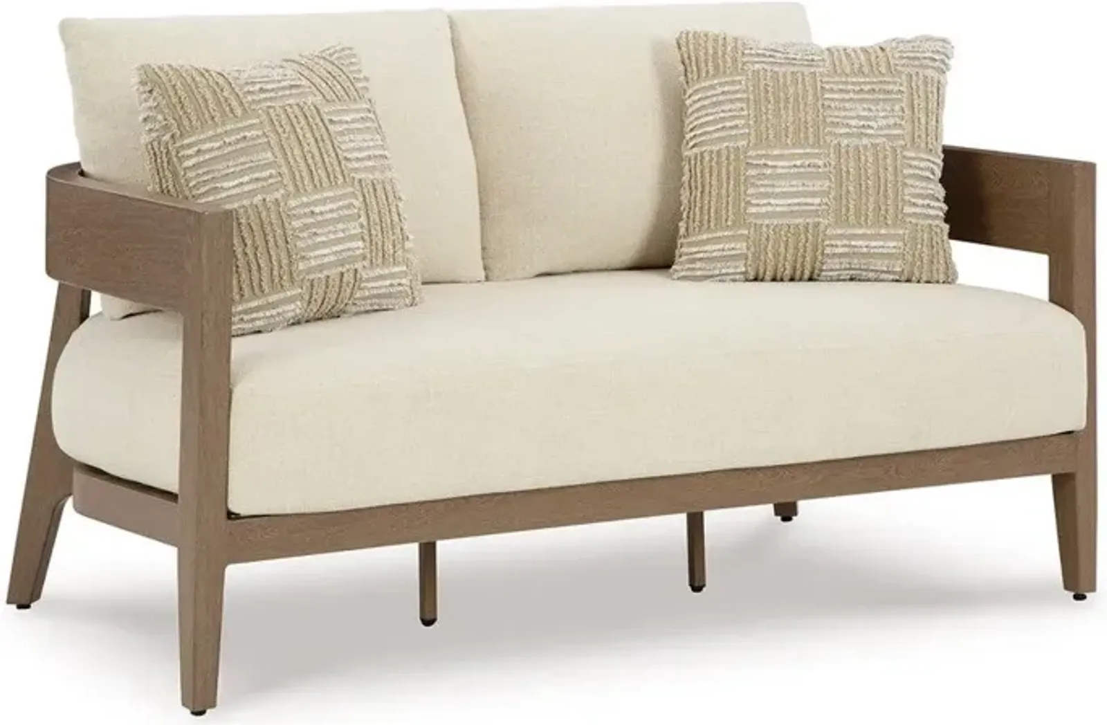 Ashley Baily Outdoor Loveseat, 2 Throw Pillows, Cream White, Brown, 59 Inch