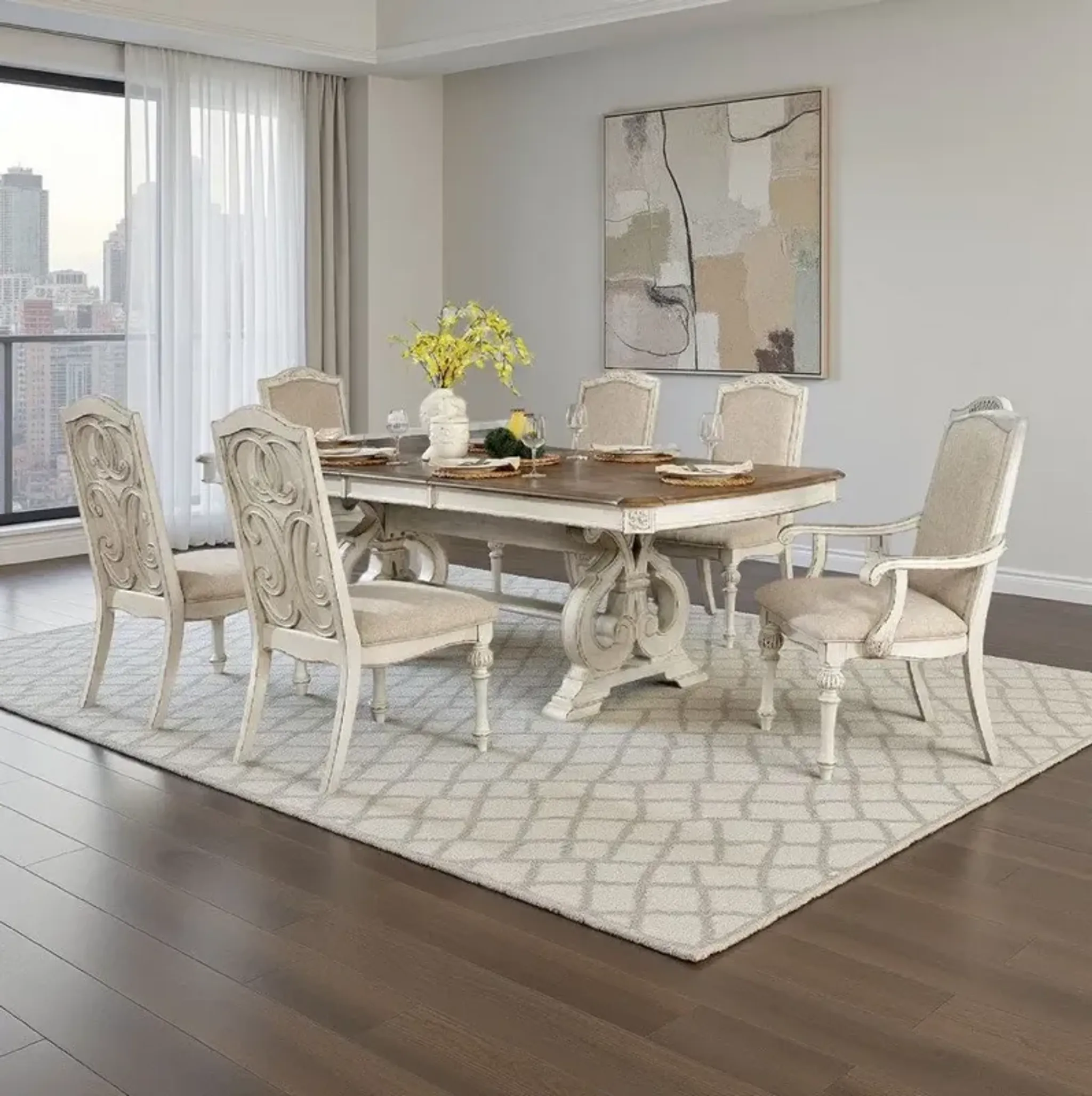 Arca 7pc Dining Table Set with Fabric Chairs, Antique White Solid Wood ...