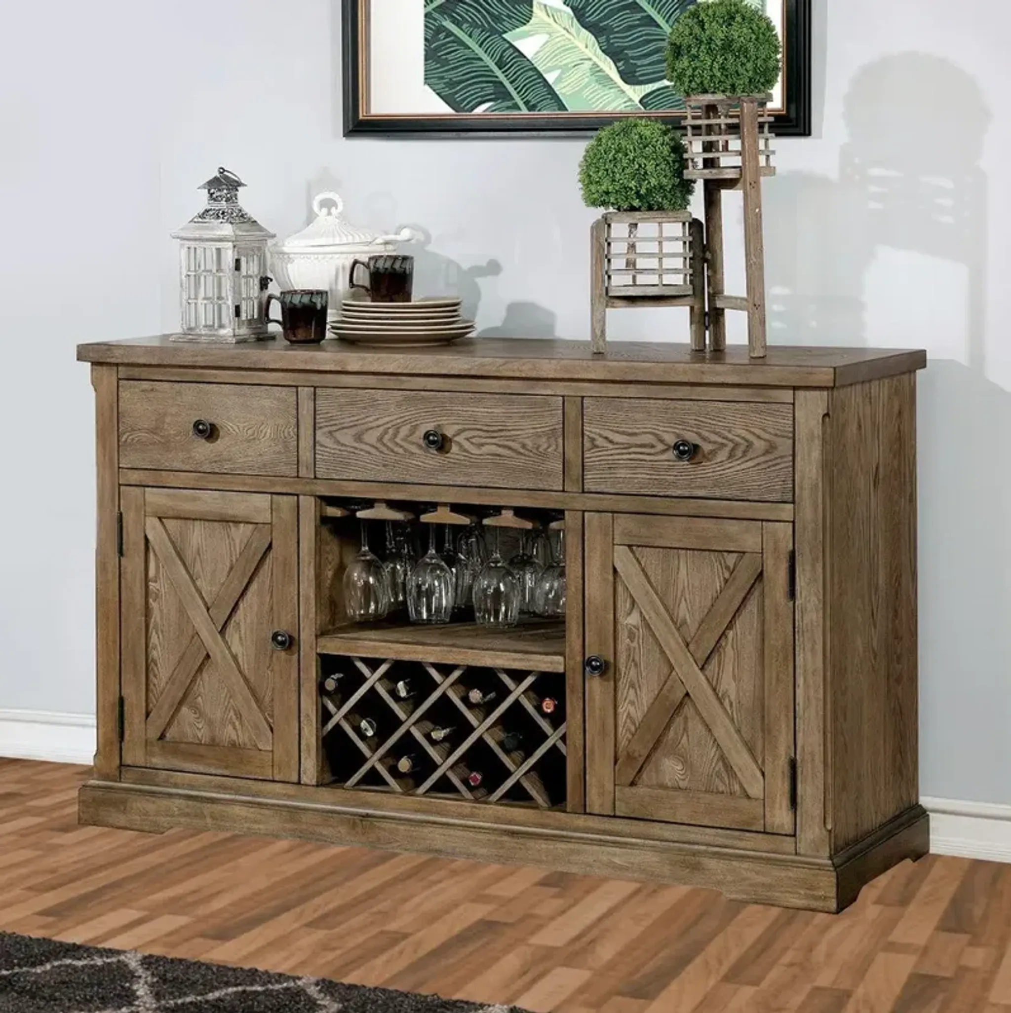 60 Inch Rustic Wood Server Buffet Cabinet Console Wine Bar Stemware Oak ...