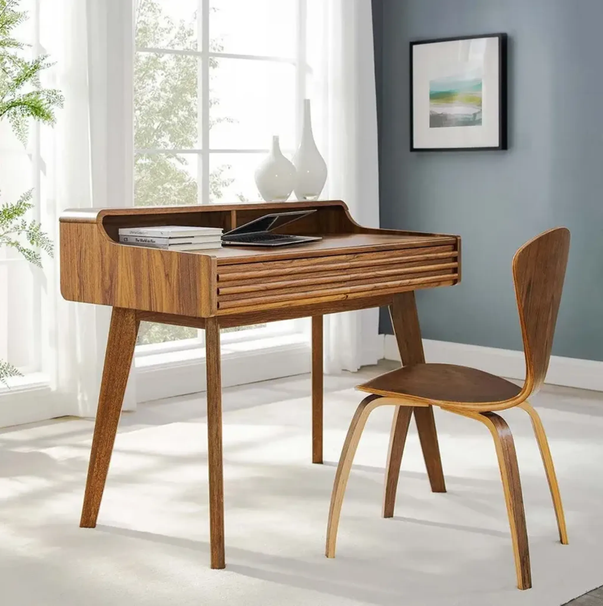 Modway Render Mid Century Modern Writing Desk In Walnut Casagear ...