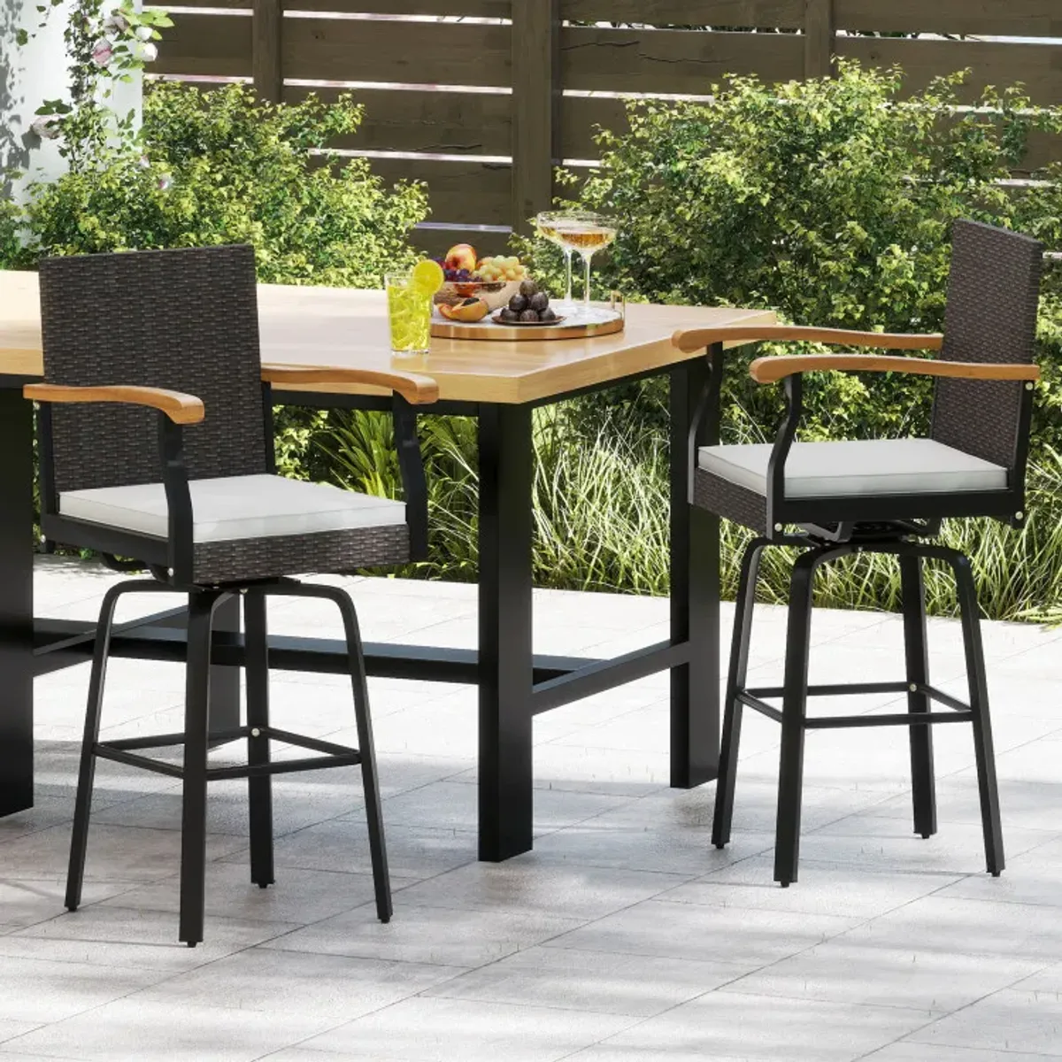 Outdoor 360° Swivel Bar Stool with Cushion and Acacia Wood Armrests