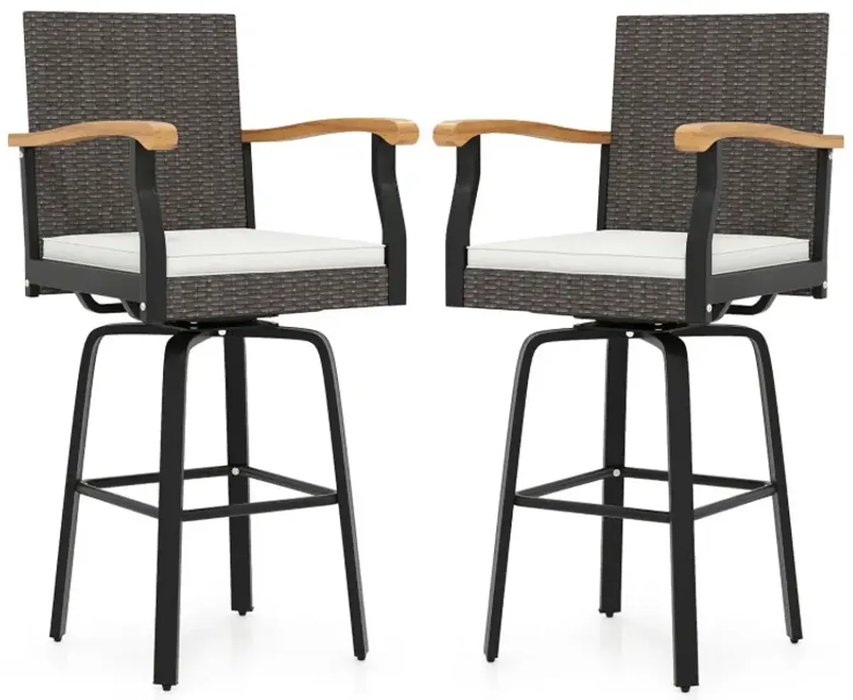 Outdoor 360° Swivel Bar Stool with Cushion and Acacia Wood Armrests