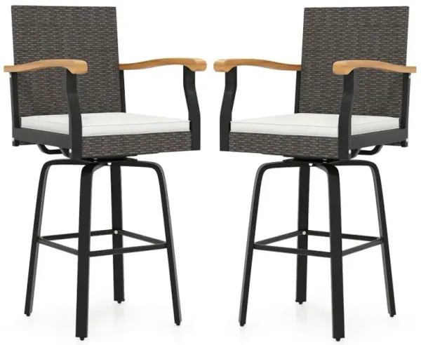 Outdoor 360° Swivel Bar Stool with Cushion and Acacia Wood Armrests