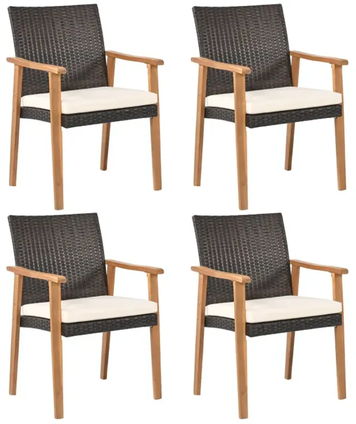 PE Rattan Outdoor Patio Dining Chair Set of 4 with Removable Cushion and Acacia Wood Armrests