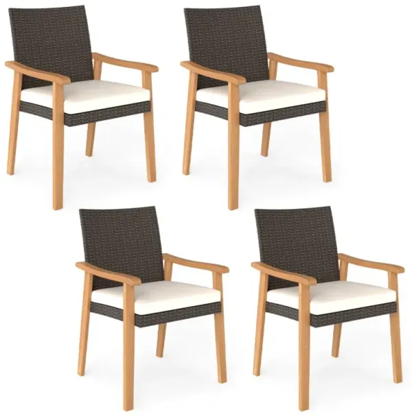 PE Rattan Outdoor Patio Dining Chair Set of 4 with Removable Cushion and Acacia Wood Armrests