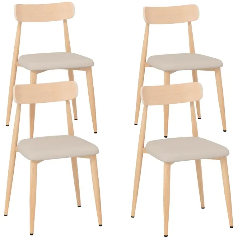 Linen Fabric Upholstered Modern Dining Chair Set of 4 with Padded Seat and Curved Back