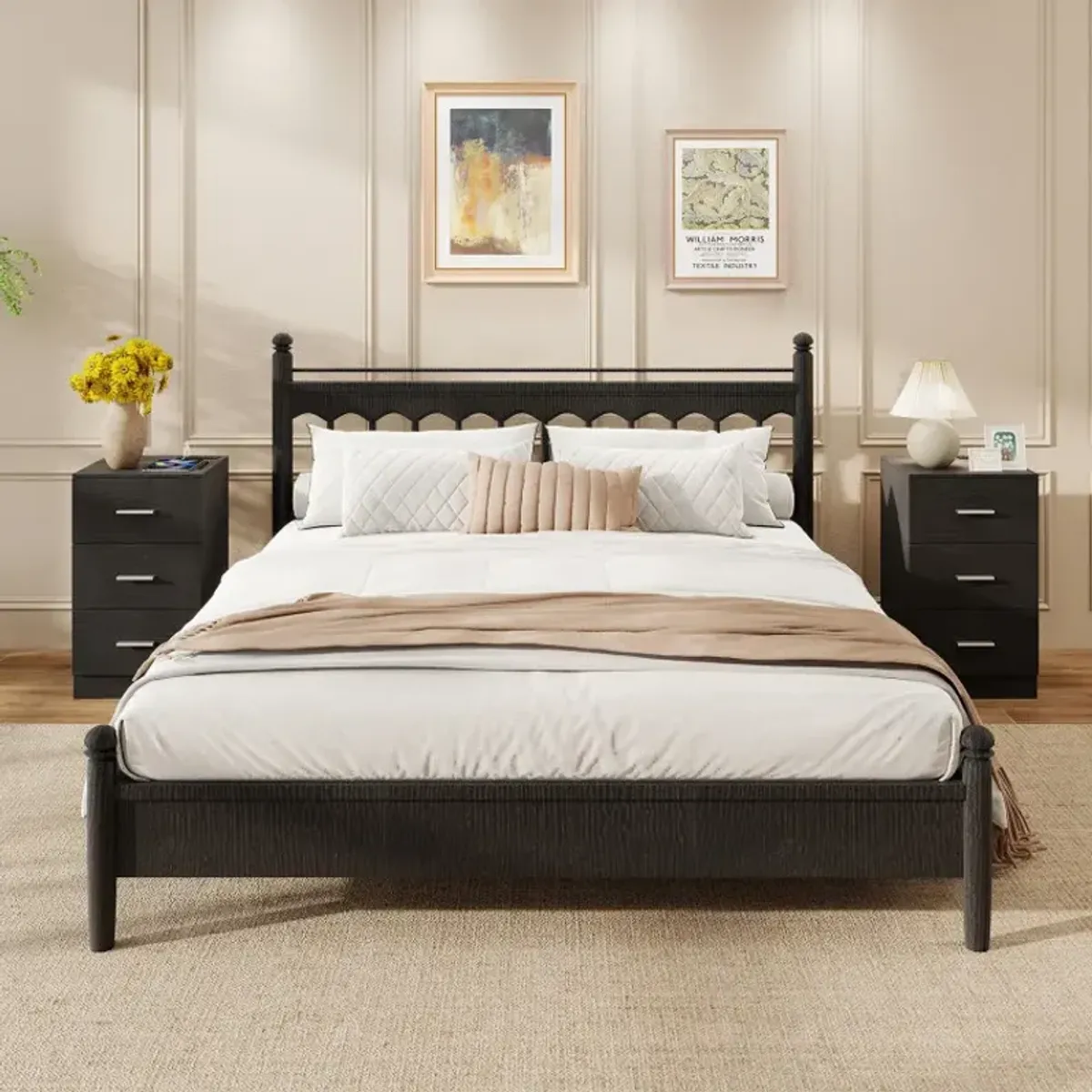 Set of 2 Nightstand with Charging Station End Table with 3 Storage Drawers Bedside Table for Bedroom