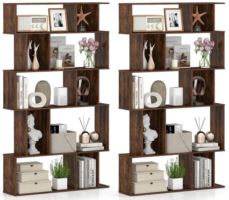 Geometric Bookshelf Set of 2 5-Tier Bookcase with Open Shelves and Closed-back Cubes