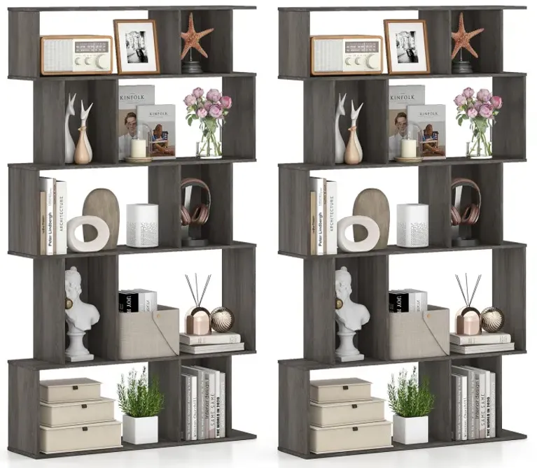 Geometric Bookshelf Set of 2 5-Tier Bookcase with Open Shelves and Closed-back Cubes