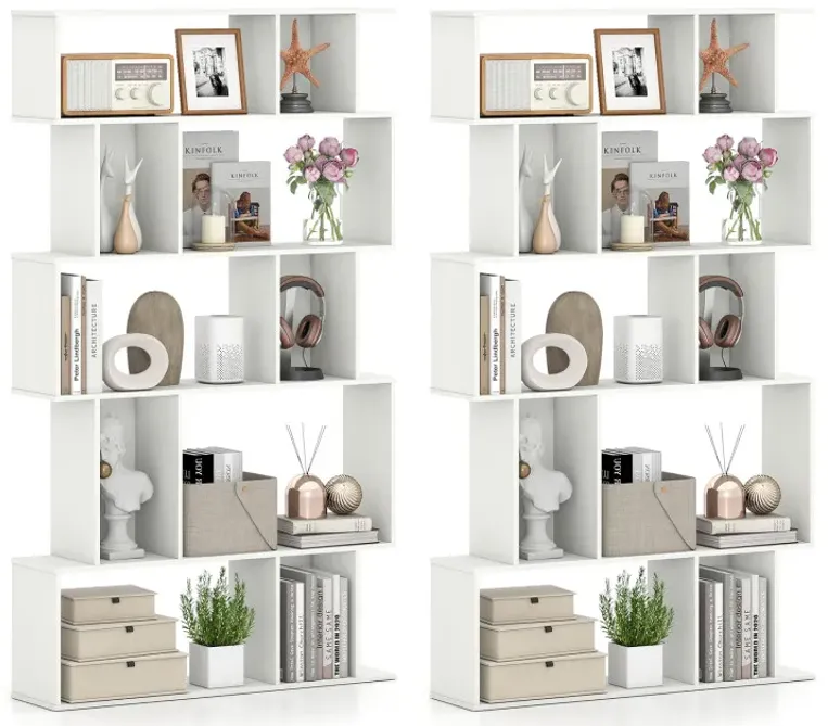 Geometric Bookshelf Set of 2 5-Tier Bookcase with Open Shelves and Closed-back Cubes