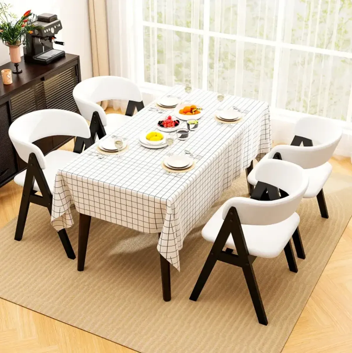 Wooden Dining Chair Set of 4 Mid-Century Modern Sherpa Upholstered Kitchen Dining Room Chairs