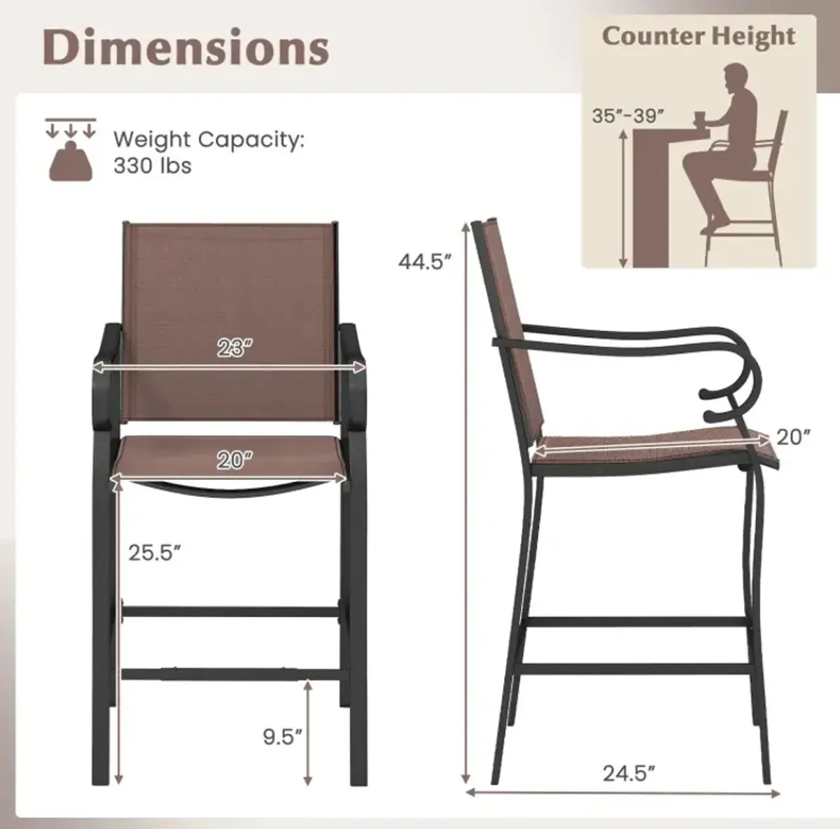 Outdoor Counter Height Bar Stools with Breathable Mesh Fabric
