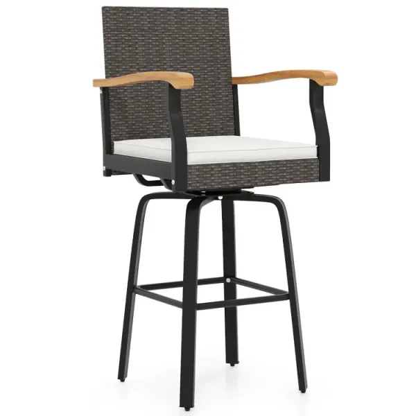 Outdoor 360° Swivel Bar Stool with Cushion and Acacia Wood Armrests