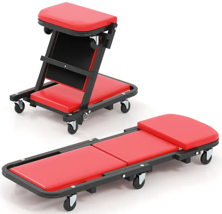 2-in-1 Folding Low Profile Mechanic Creeper with Padded Seat and 6 Wheels