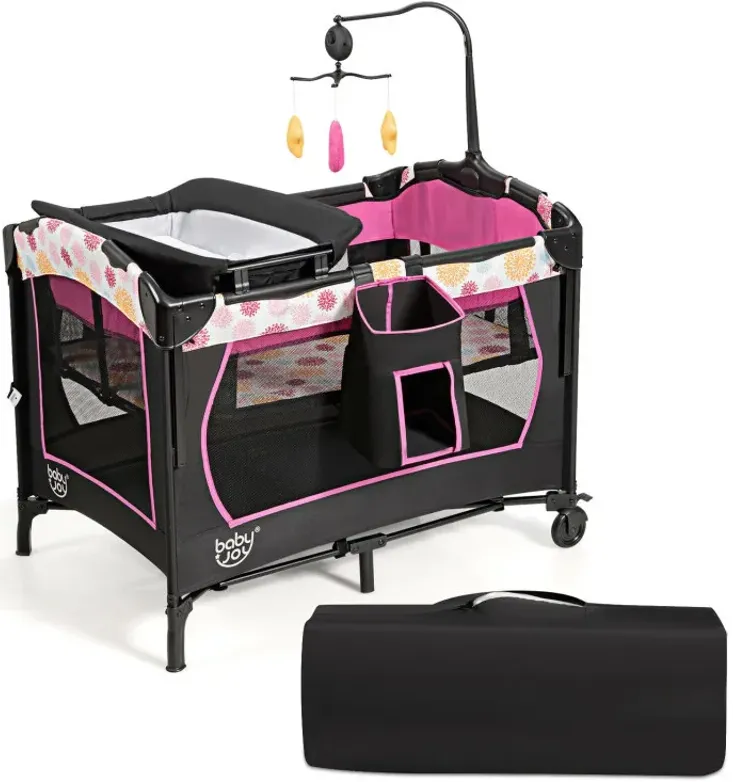 3-in-1 Convertible Portable Baby Playard with Music Box and Wheel and Brakes