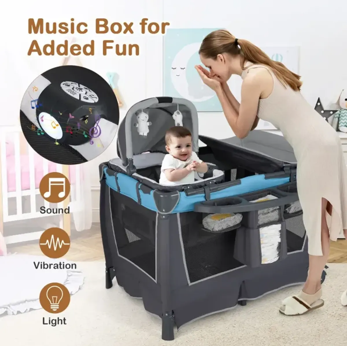 4-in-1 Convertible Portable Baby Play yard with Toys and Music Player