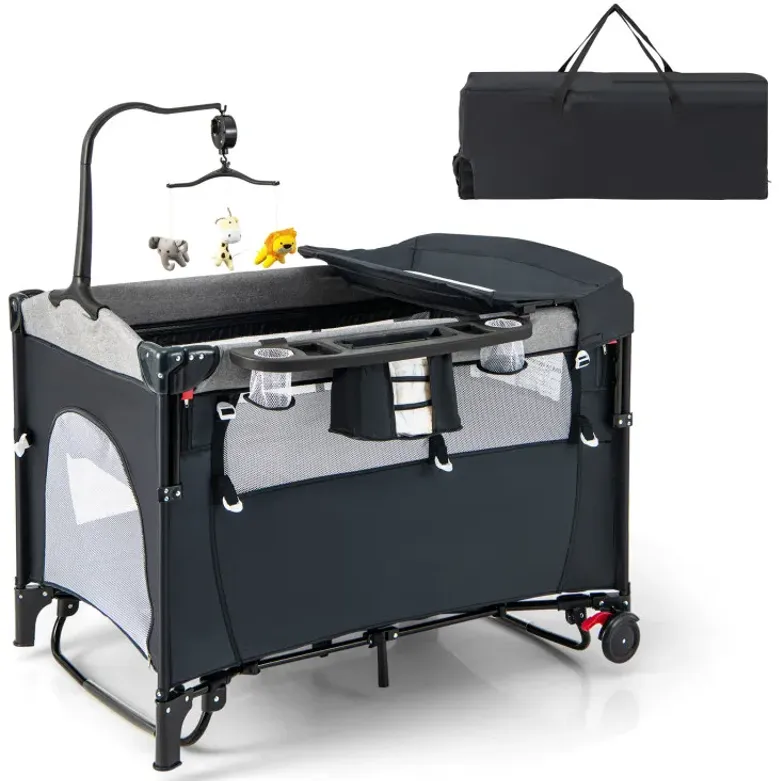 5-in-1 Foldable Baby Playpen Bedside Crib with Music Box