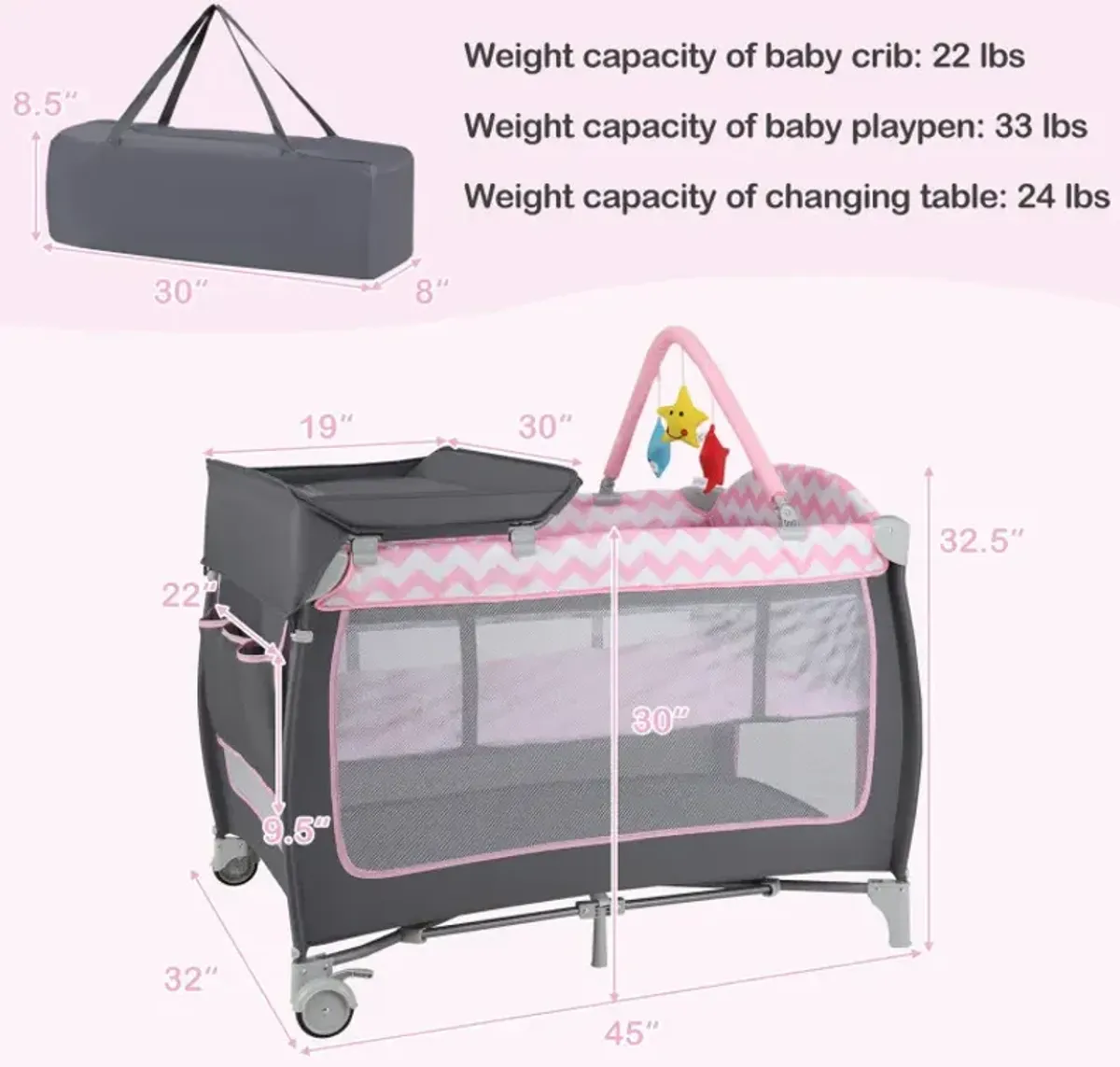 3-in-1 Portable Baby Playard with Zippered Door and Toy Bar