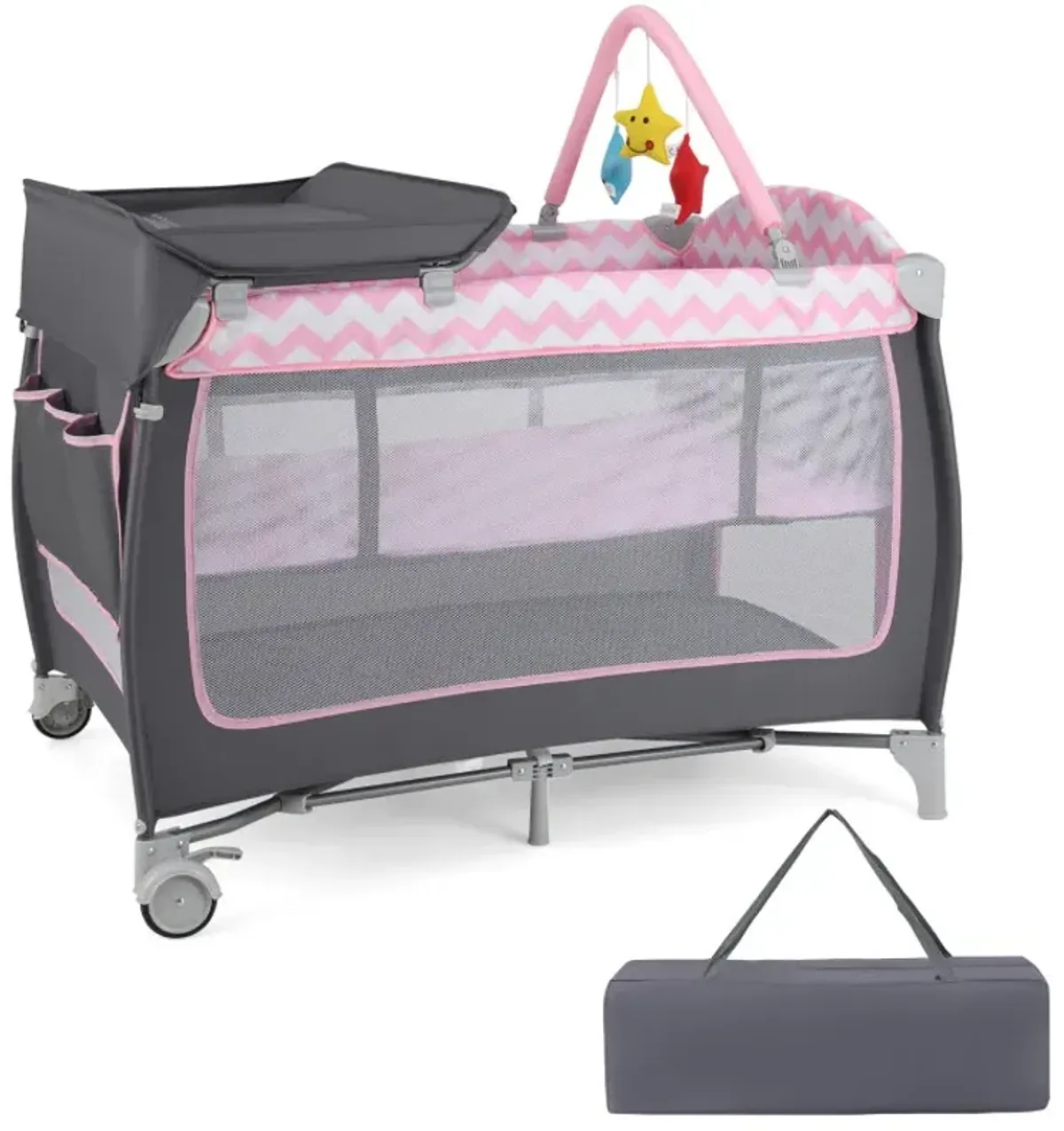 3-in-1 Portable Baby Playard with Zippered Door and Toy Bar