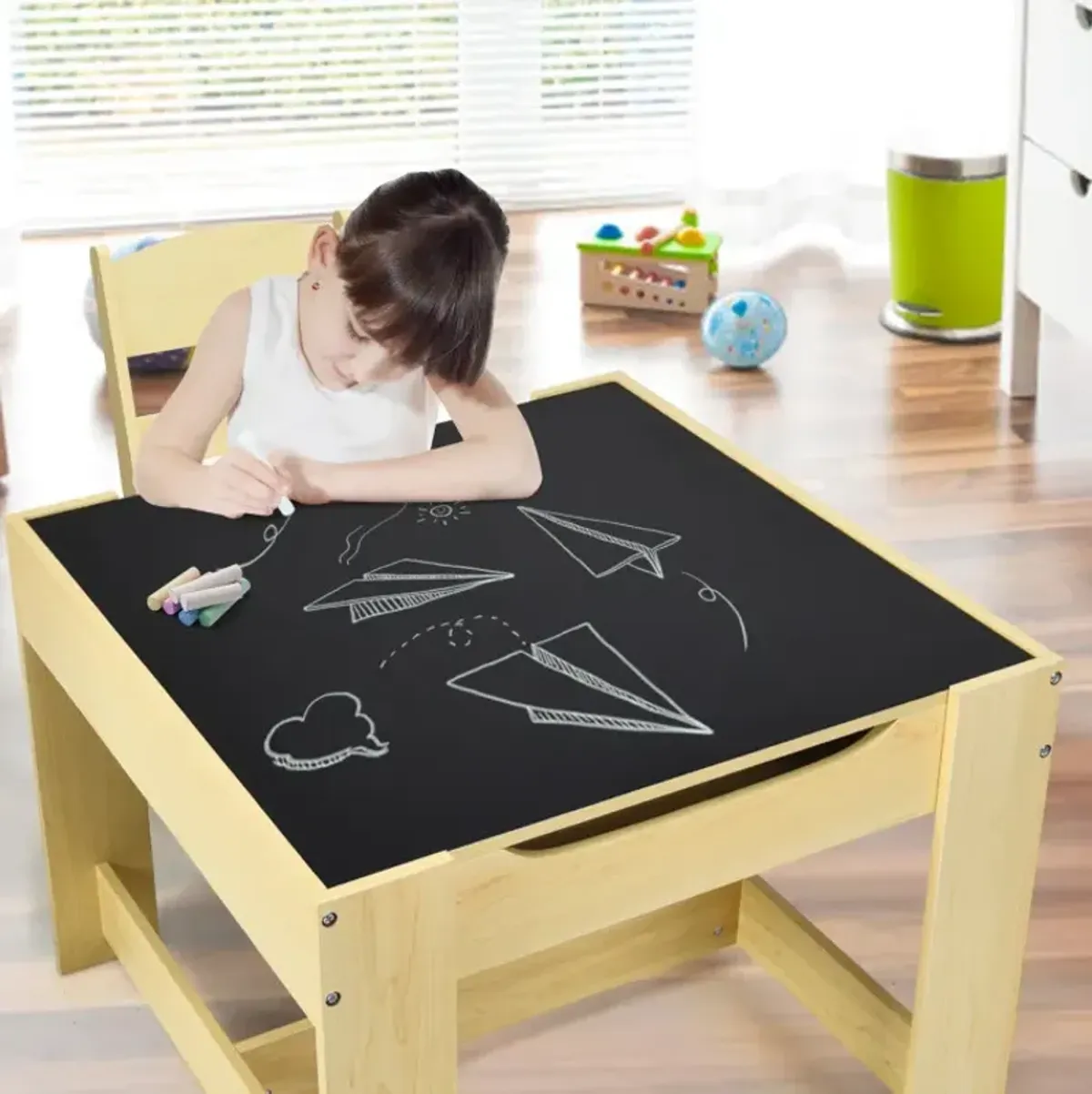 Kids Table Chairs Set With Storage Boxes Blackboard Whiteboard Drawing