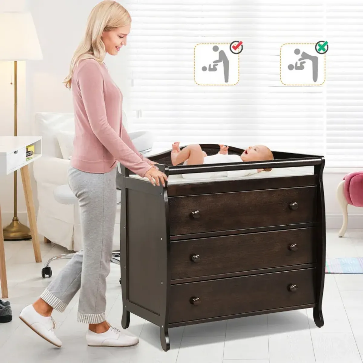 Baby Changing Table with 3 Drawers and Safety Belt